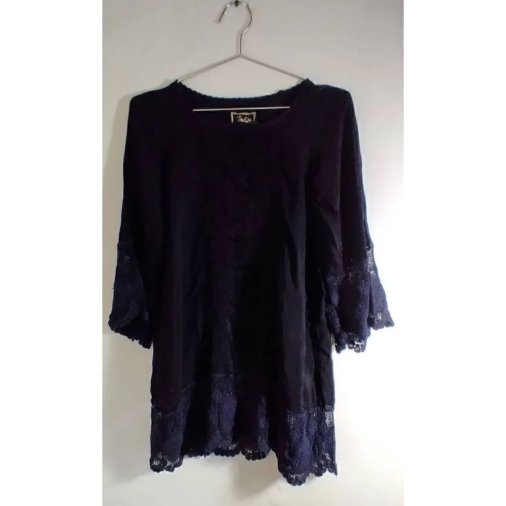 Johnny Was Size Small Black and Navy Dress Lace Trim Rayon Blend